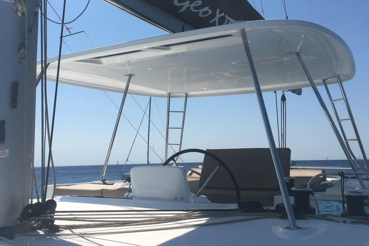 Cockpit of Margeo XVII, a Lagoon 46 catamaran at Athens, Greece