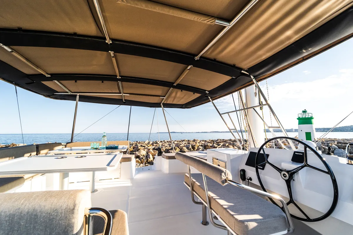 Cockpit of Signature Concept, a Bali 5.4 catamaran at Olbia, Italy