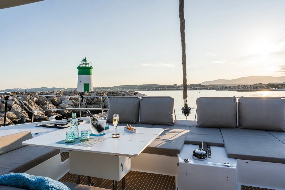 Deck of Signature Concept, a Bali 5.4 catamaran at Olbia, Italy