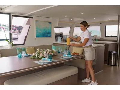 Salon of Signature Concept, a Bali 5.4 catamaran at Olbia, Italy