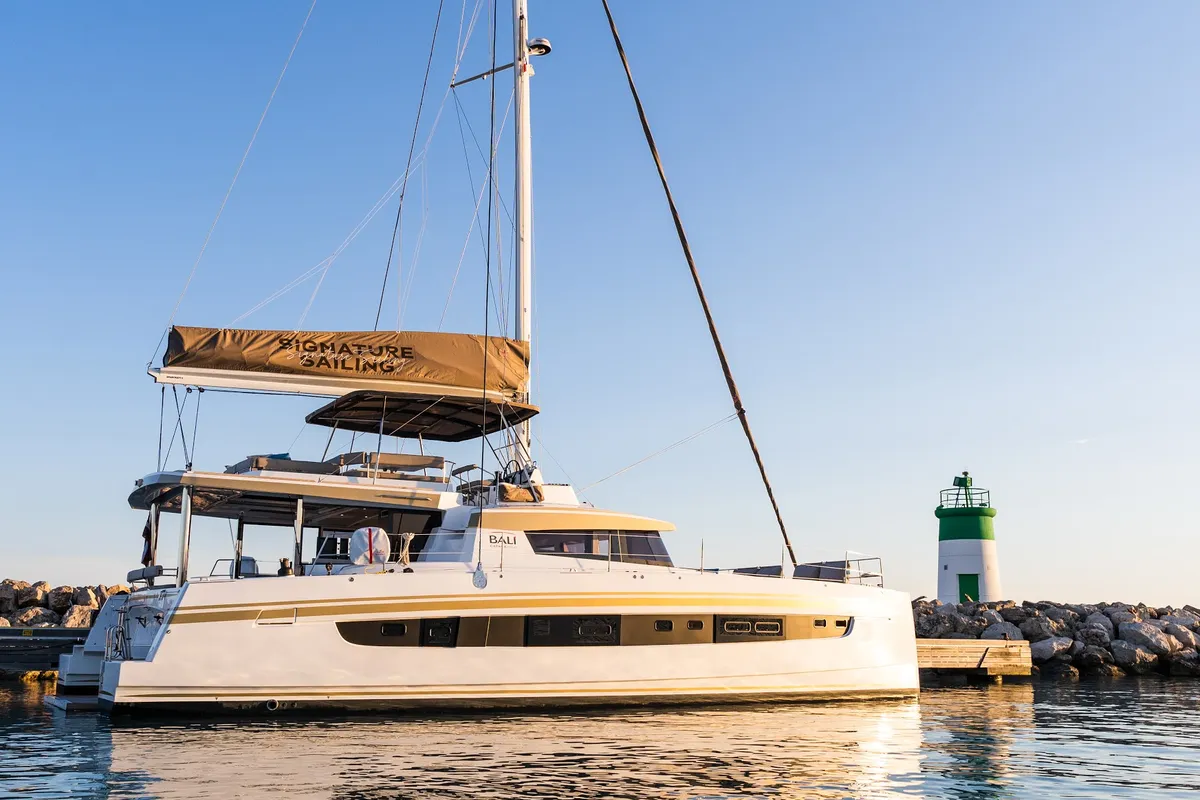 Exterior view of Signature Concept, a Bali 5.4 catamaran at Olbia, Italy