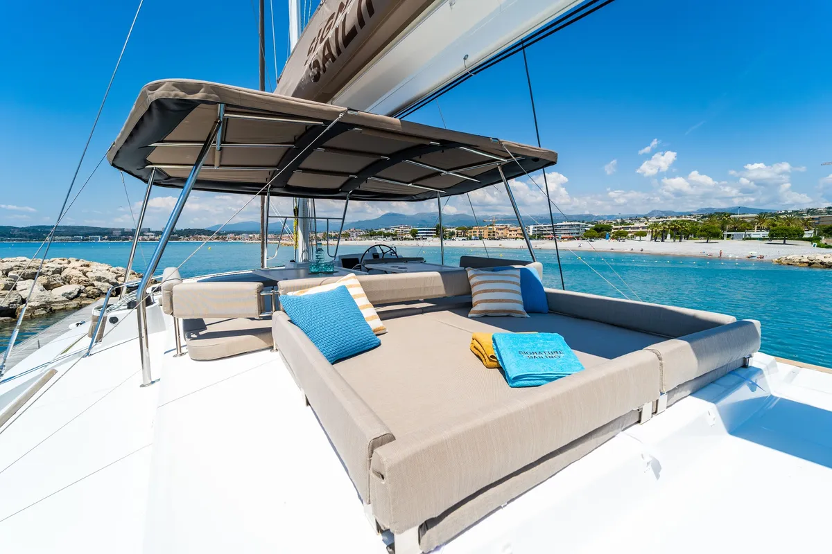 Deck of Signature Concept, a Bali 5.4 catamaran at Olbia, Italy