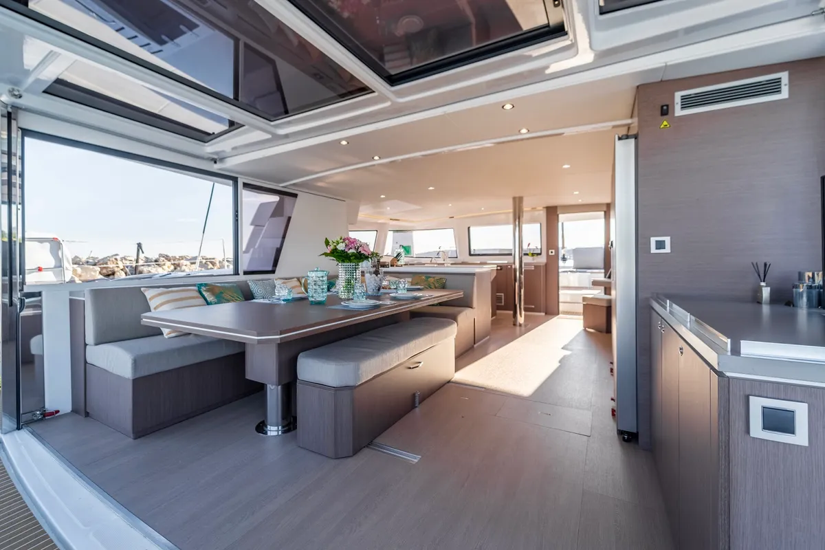 Salon of Signature Concept, a Bali 5.4 catamaran at Olbia, Italy