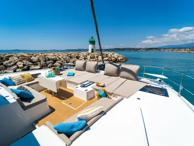Deck of Signature Concept, a Bali 5.4 catamaran at Olbia, Italy