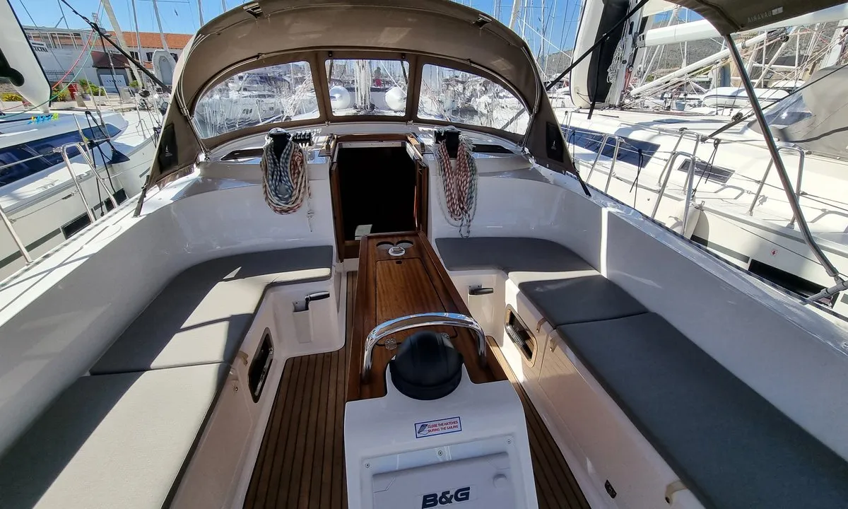 Cockpit of Iustitia, a Bavaria Cruiser 46 sailboat at Split, Croatia