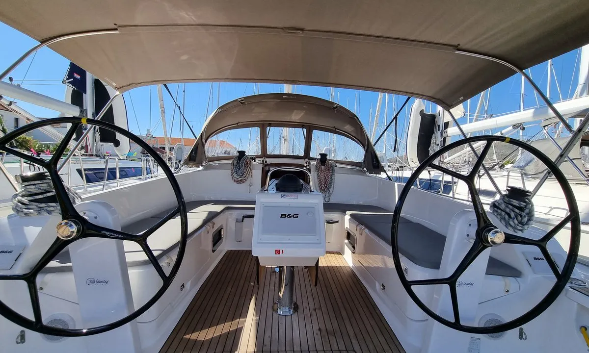 Cockpit of Iustitia, a Bavaria Cruiser 46 sailboat at Split, Croatia