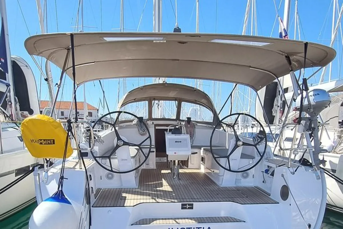Exterior view of Iustitia, a Bavaria Cruiser 46 sailboat at Split, Croatia