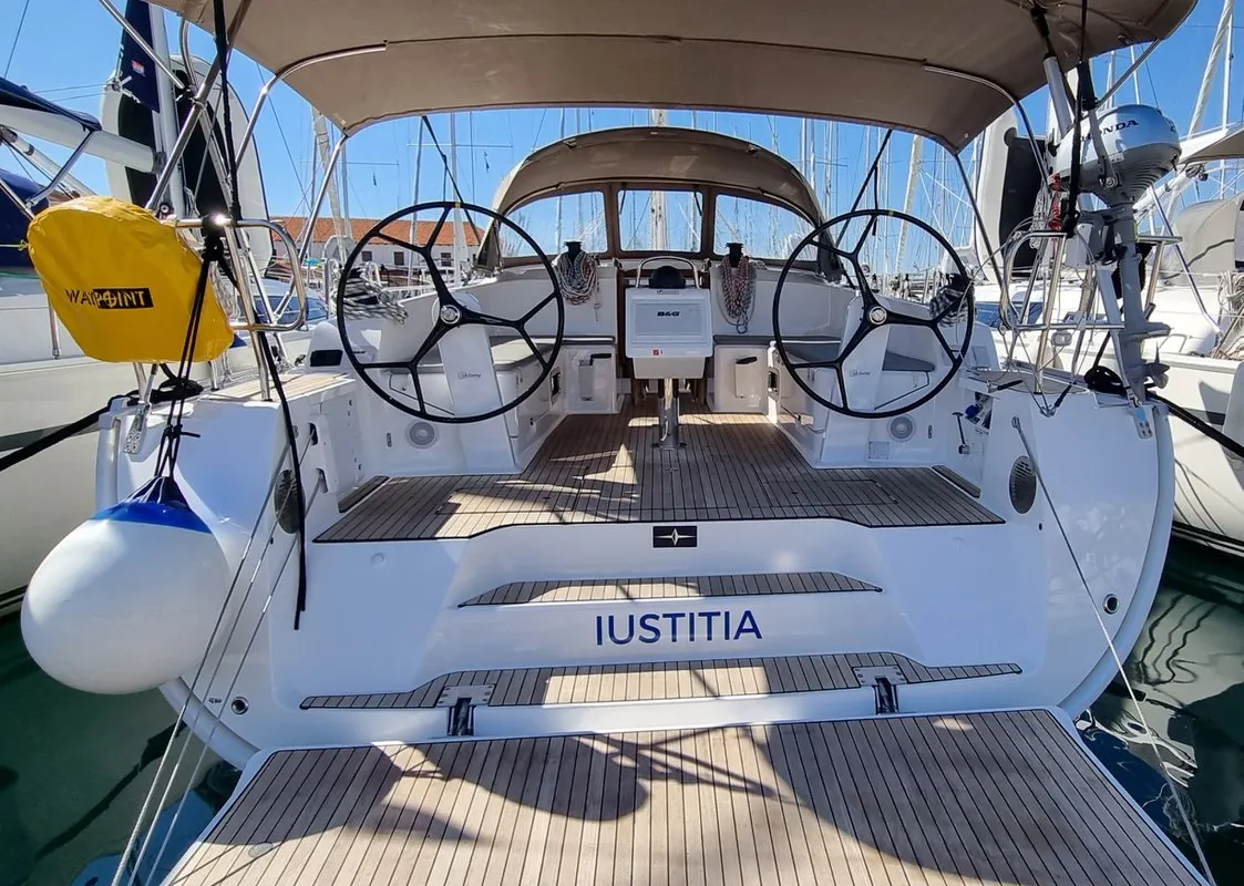 Exterior view of Iustitia, a Bavaria Cruiser 46 sailboat at Split, Croatia