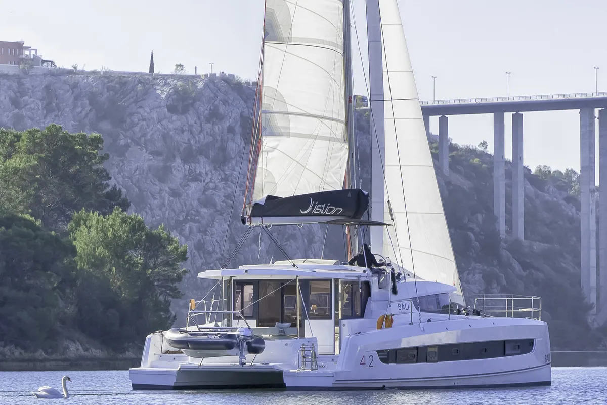 Deck of First Feeling, a Bali 4.2 catamaran at Skradin, Croatia