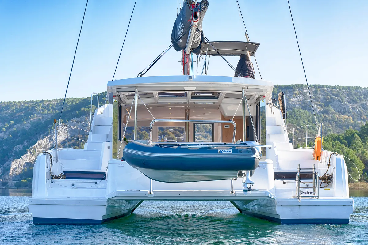 Exterior view of First Feeling, a Bali 4.2 catamaran at Skradin, Croatia