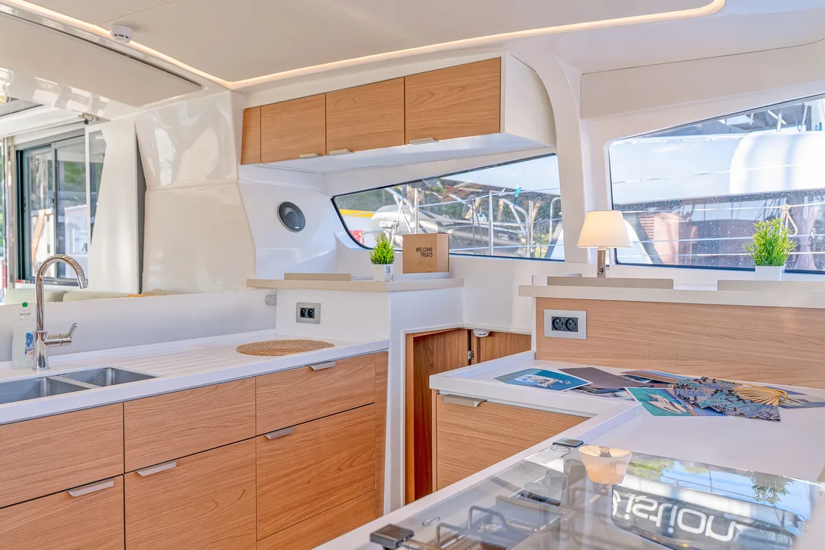 Exterior view of First Feeling, a Bali 4.2 catamaran at Skradin, Croatia