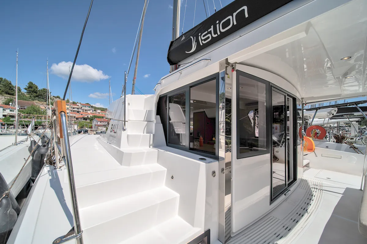 Exterior view of First Feeling, a Bali 4.2 catamaran at Skradin, Croatia