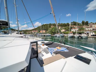 Deck of First Feeling, a Bali 4.2 catamaran at Skradin, Croatia