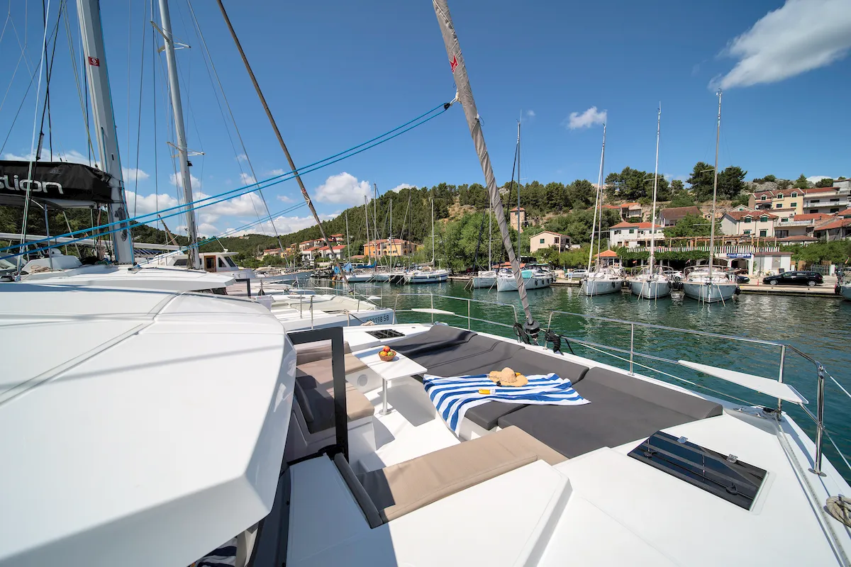 Deck of First Feeling, a Bali 4.2 catamaran at Skradin, Croatia