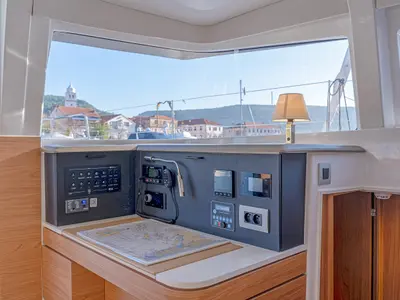 Cockpit of First Feeling, a Bali 4.2 catamaran at Skradin, Croatia