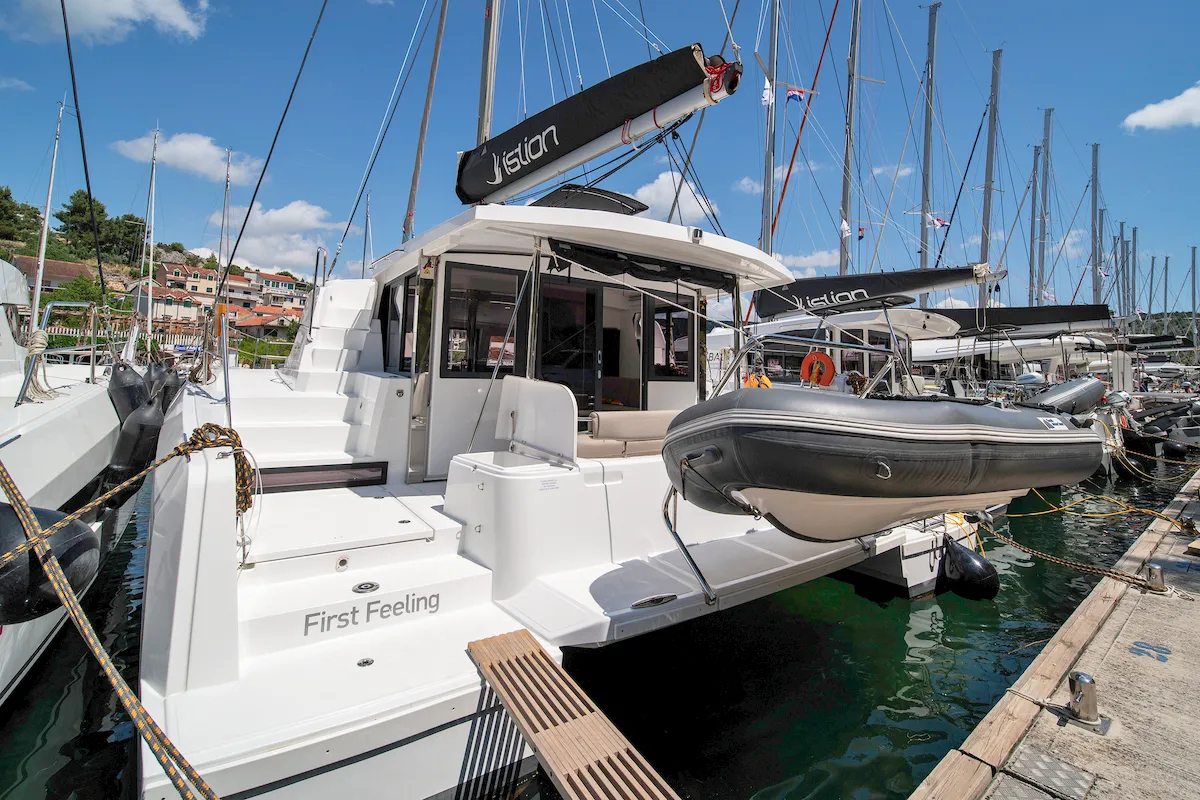 Salon of First Feeling, a Bali 4.2 catamaran at Skradin, Croatia