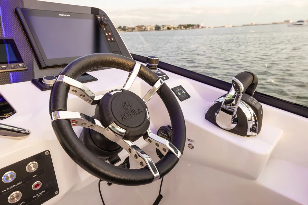 Cockpit of BATCAT, a Aquila 32 Sport catamaran at Ajaccio, France