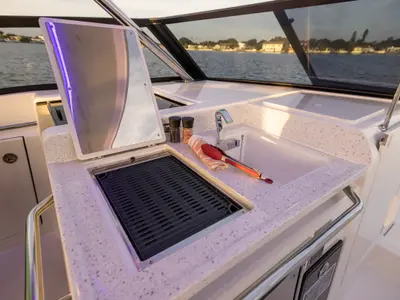 Deck of BATCAT, a Aquila 32 Sport catamaran at Ajaccio, France