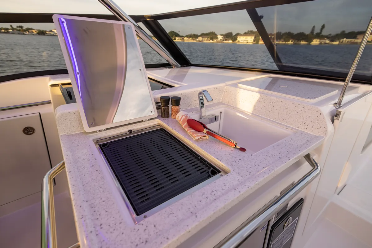 Deck of BATCAT, a Aquila 32 Sport catamaran at Ajaccio, France