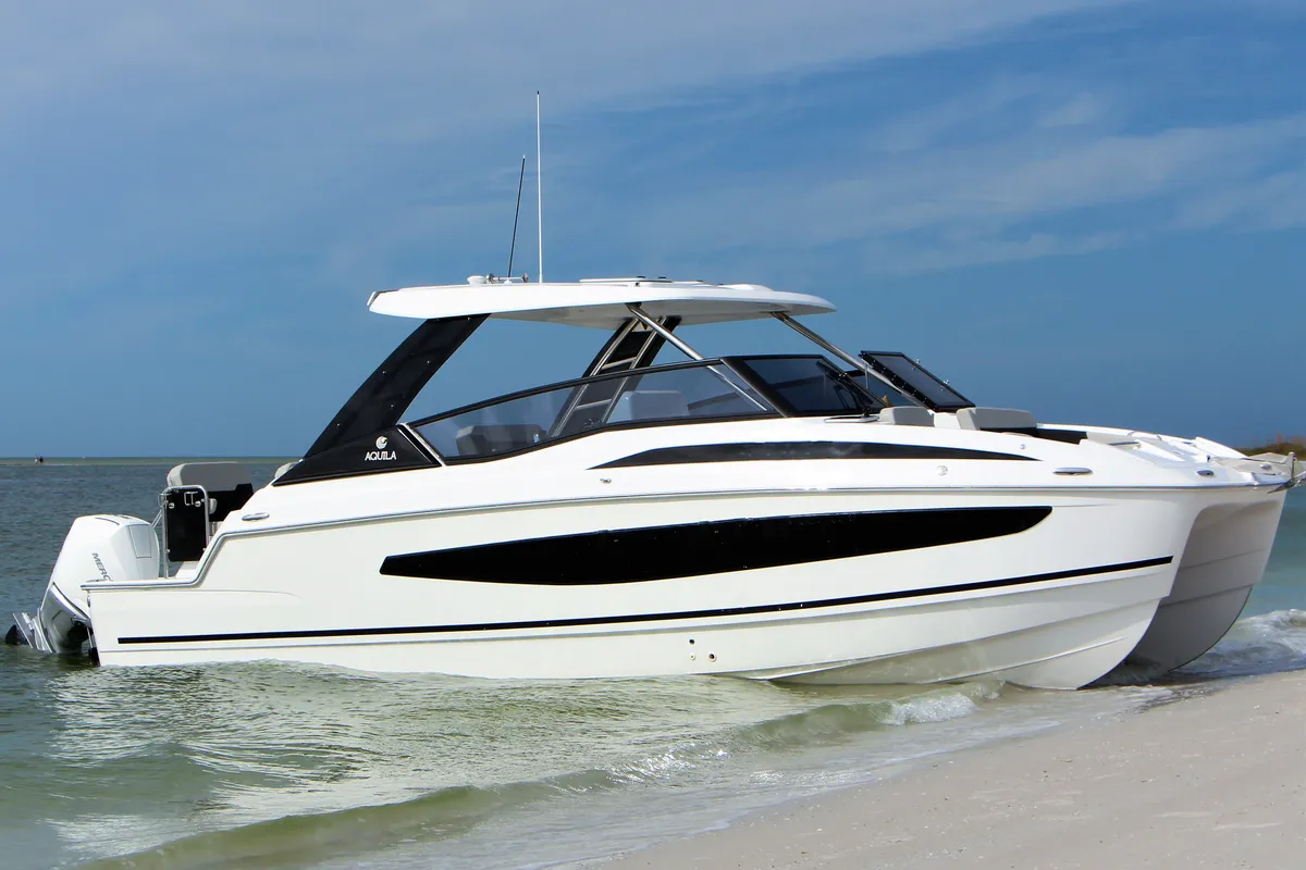Exterior view of BATCAT, a Aquila 32 Sport catamaran at Ajaccio, France