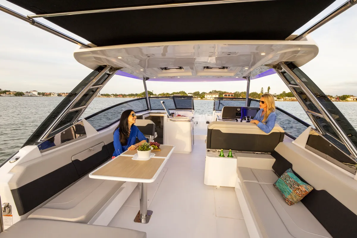 Deck of BATCAT, a Aquila 32 Sport catamaran at Ajaccio, France
