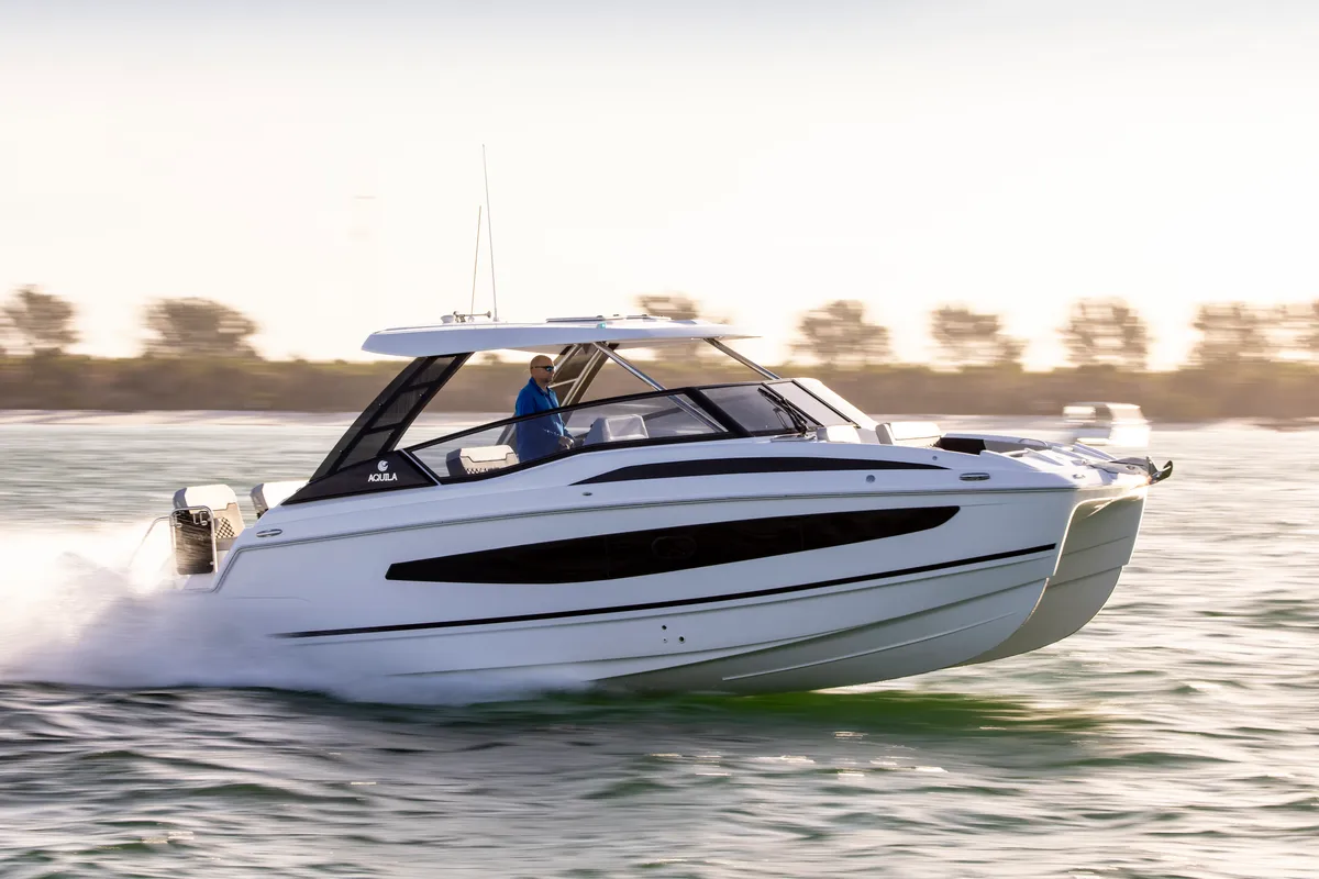 Exterior view of BATCAT, a Aquila 32 Sport catamaran at Ajaccio, France
