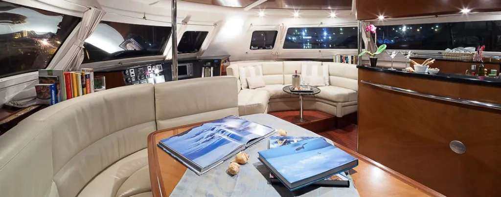 Salon of Whale, a Fountaine Pajot Eleuthera 60 catamaran at Palermo, Italy