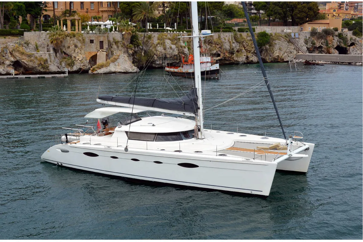 Exterior view of Whale, a Fountaine Pajot Eleuthera 60 catamaran at Palermo, Italy