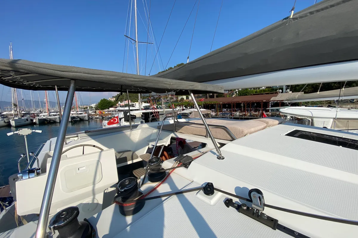 Deck of Osaya, a Fountaine Pajot Astréa 42 catamaran at Fethiye, Turkey