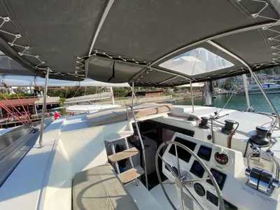 Cockpit of Osaya, a Fountaine Pajot Astréa 42 catamaran at Fethiye, Turkey
