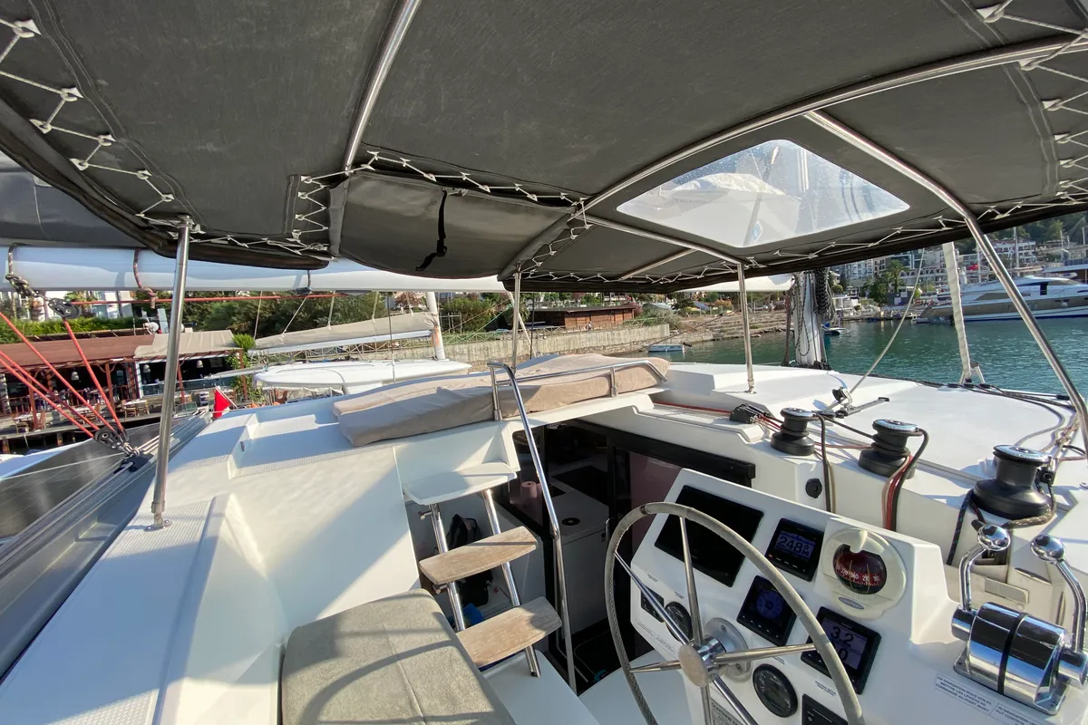 Cockpit of Osaya, a Fountaine Pajot Astréa 42 catamaran at Fethiye, Turkey
