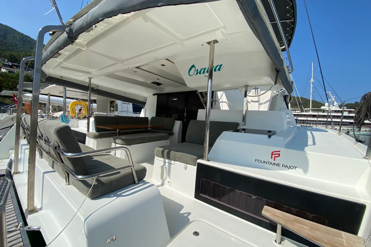 Deck of Osaya, a Fountaine Pajot Astréa 42 catamaran at Fethiye, Turkey
