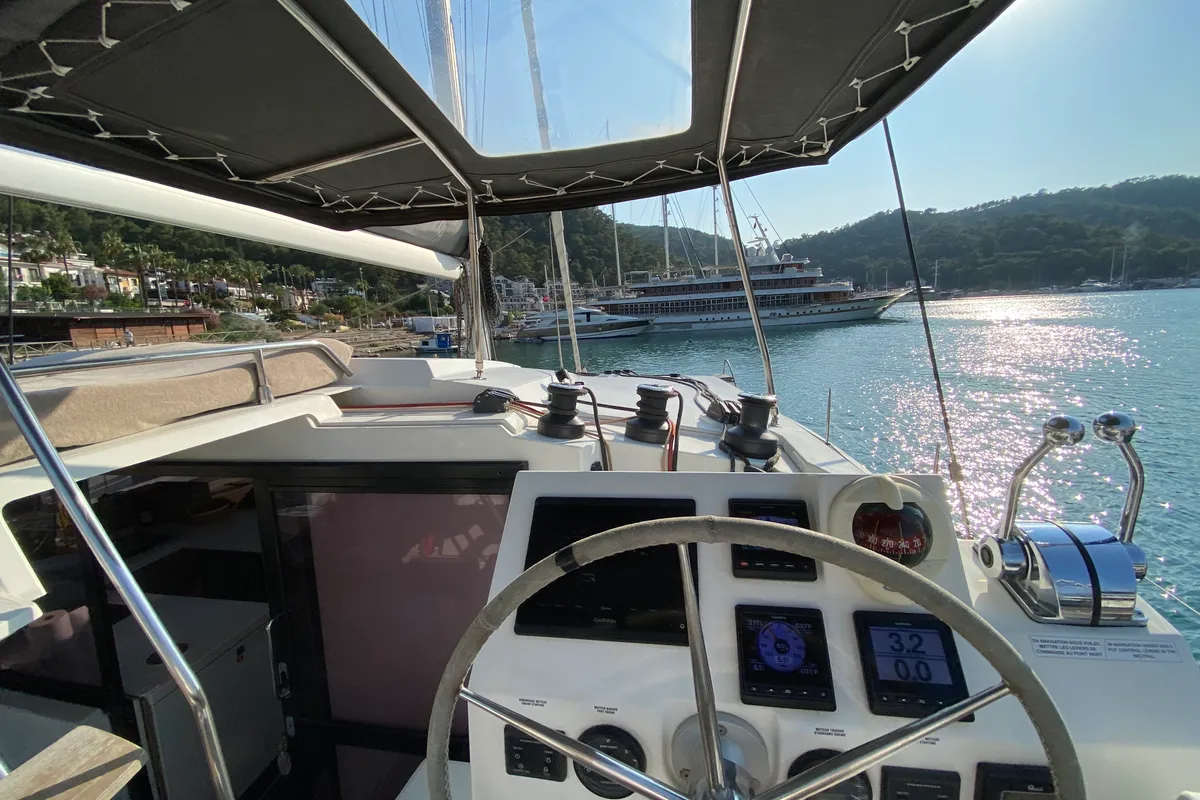 Cockpit of Osaya, a Fountaine Pajot Astréa 42 catamaran at Fethiye, Turkey
