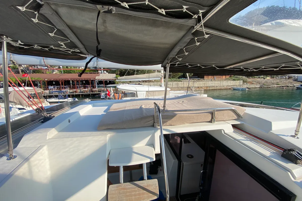 Deck of Osaya, a Fountaine Pajot Astréa 42 catamaran at Fethiye, Turkey