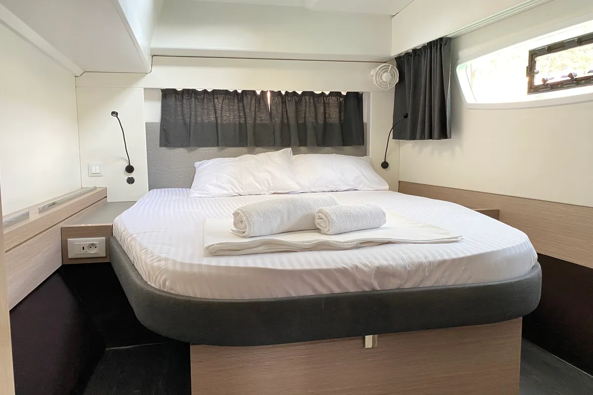 Cabin on Osaya, a Fountaine Pajot Astréa 42 catamaran at Fethiye, Turkey