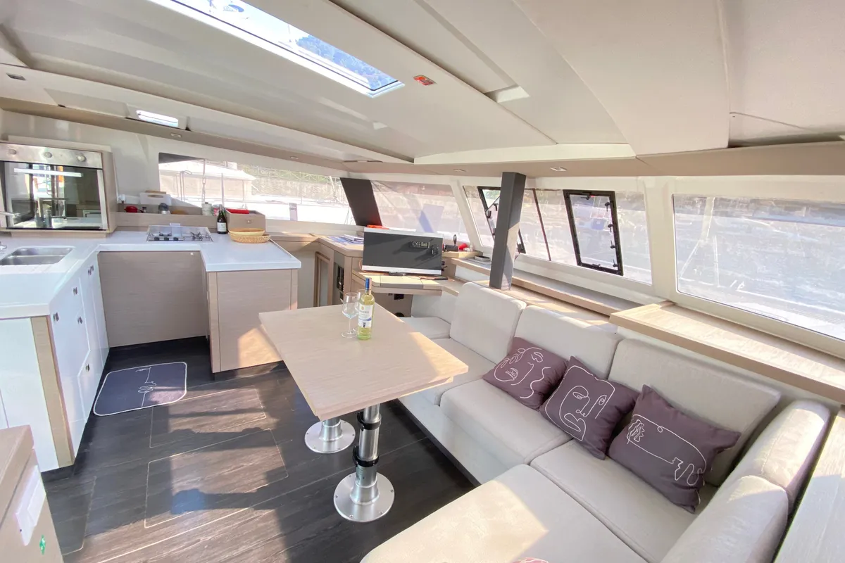 Salon of Osaya, a Fountaine Pajot Astréa 42 catamaran at Fethiye, Turkey