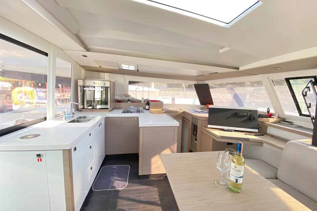 Galley of Osaya, a Fountaine Pajot Astréa 42 catamaran at Fethiye, Turkey
