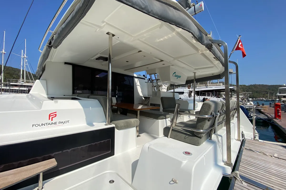 Deck of Osaya, a Fountaine Pajot Astréa 42 catamaran at Fethiye, Turkey