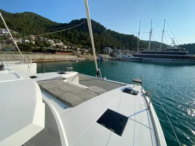Deck of Osaya, a Fountaine Pajot Astréa 42 catamaran at Fethiye, Turkey