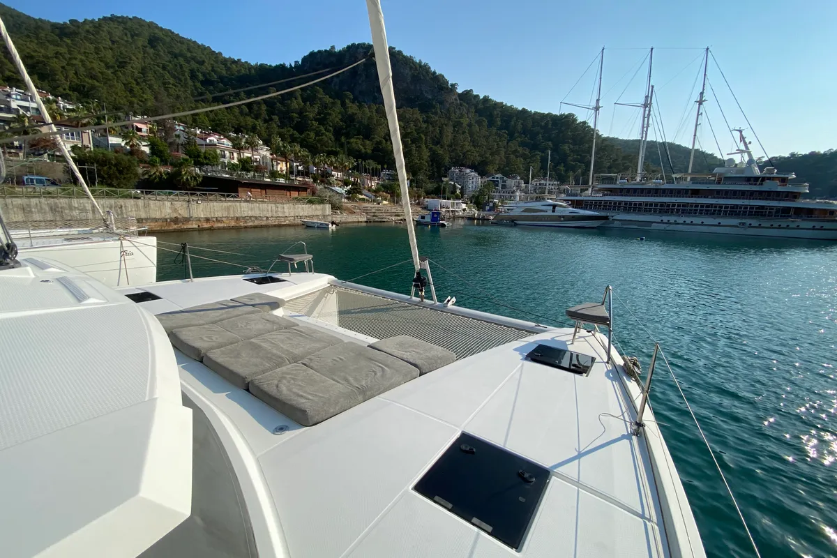 Deck of Osaya, a Fountaine Pajot Astréa 42 catamaran at Fethiye, Turkey