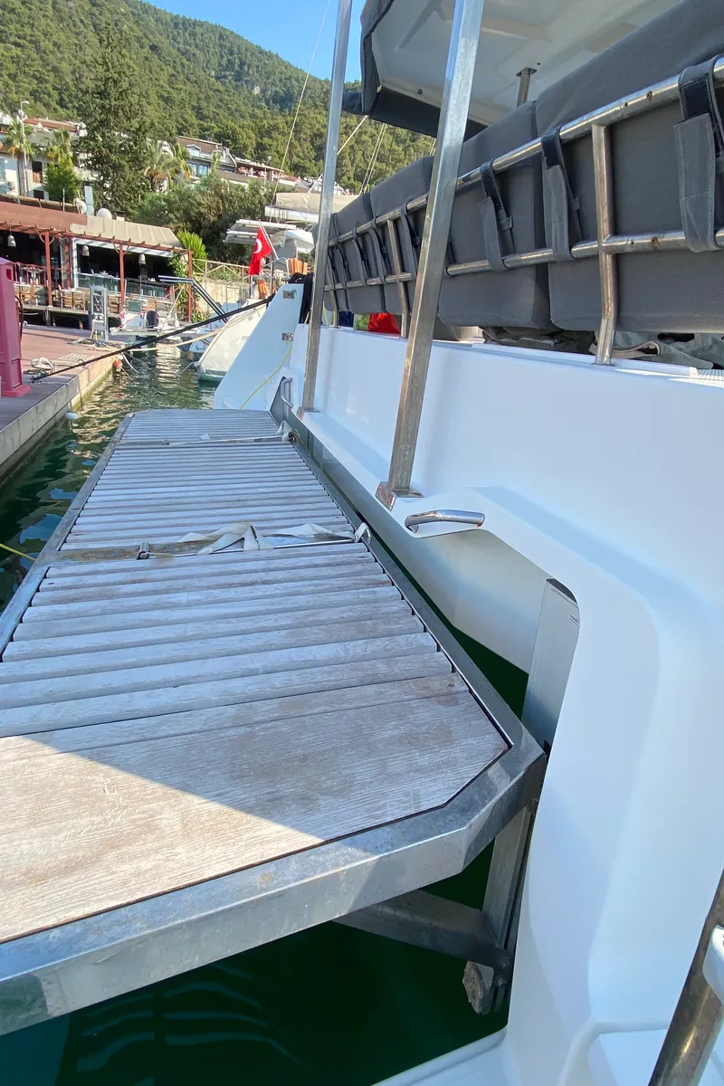 Deck of Osaya, a Fountaine Pajot Astréa 42 catamaran at Fethiye, Turkey