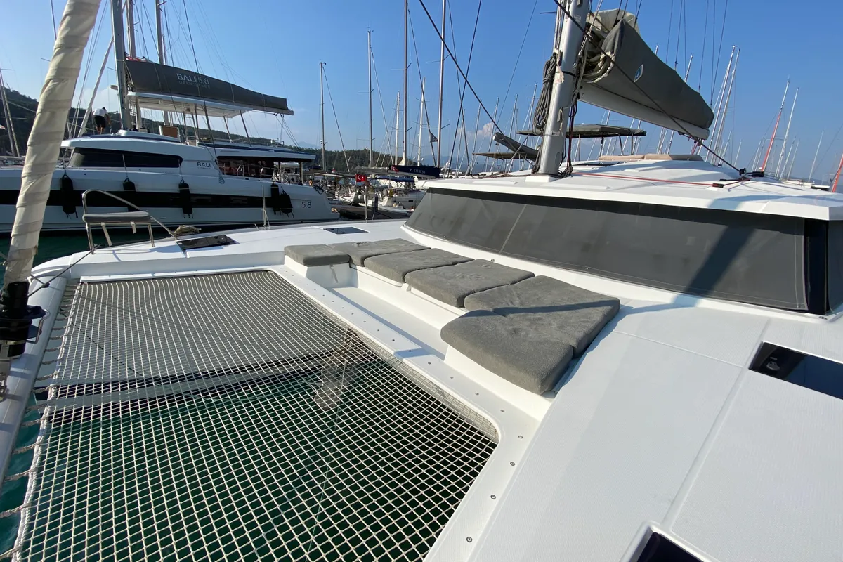 Deck of Osaya, a Fountaine Pajot Astréa 42 catamaran at Fethiye, Turkey