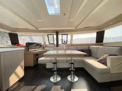 Salon of Osaya, a Fountaine Pajot Astréa 42 catamaran at Fethiye, Turkey