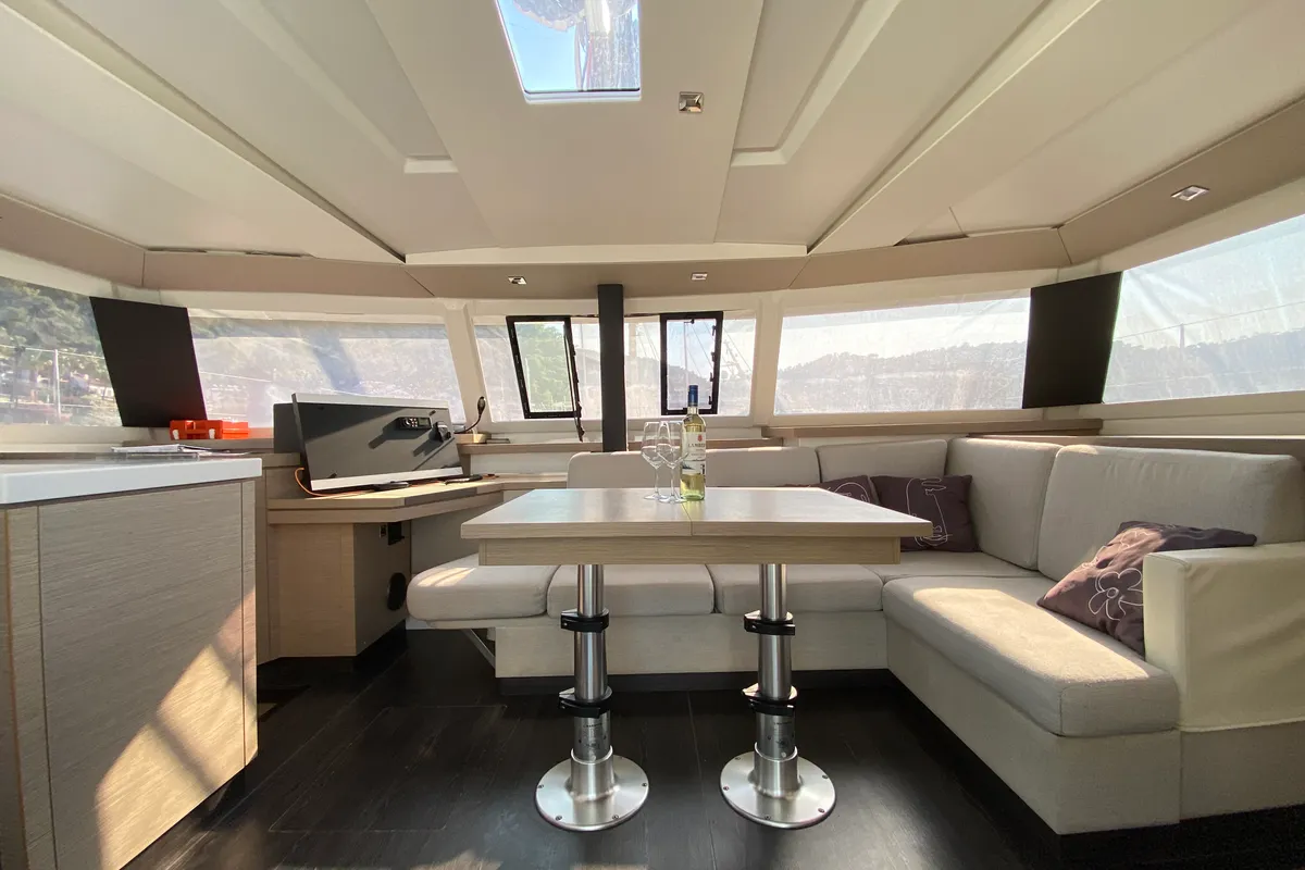 Salon of Osaya, a Fountaine Pajot Astréa 42 catamaran at Fethiye, Turkey