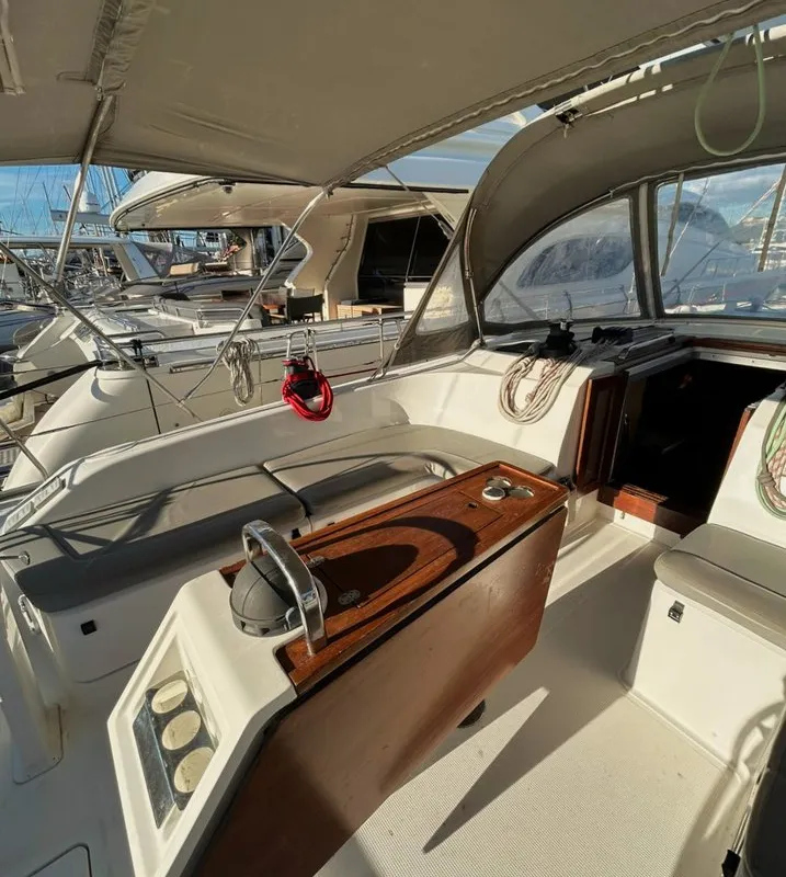 Deck of Lina, a Bavaria Cruiser 51 sailboat at Athens, Greece
