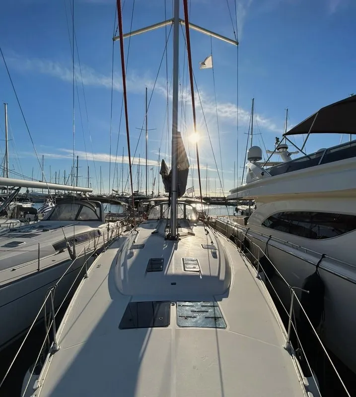 Deck of Lina, a Bavaria Cruiser 51 sailboat at Athens, Greece