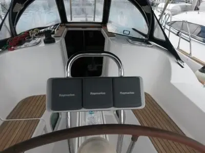 Cockpit of Katrina, a Jeanneau Sun Odyssey 36i sailboat at Municipal Unit of Elefsina, Greece