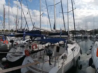 Deck of Katrina, a Jeanneau Sun Odyssey 36i sailboat at Municipal Unit of Elefsina, Greece