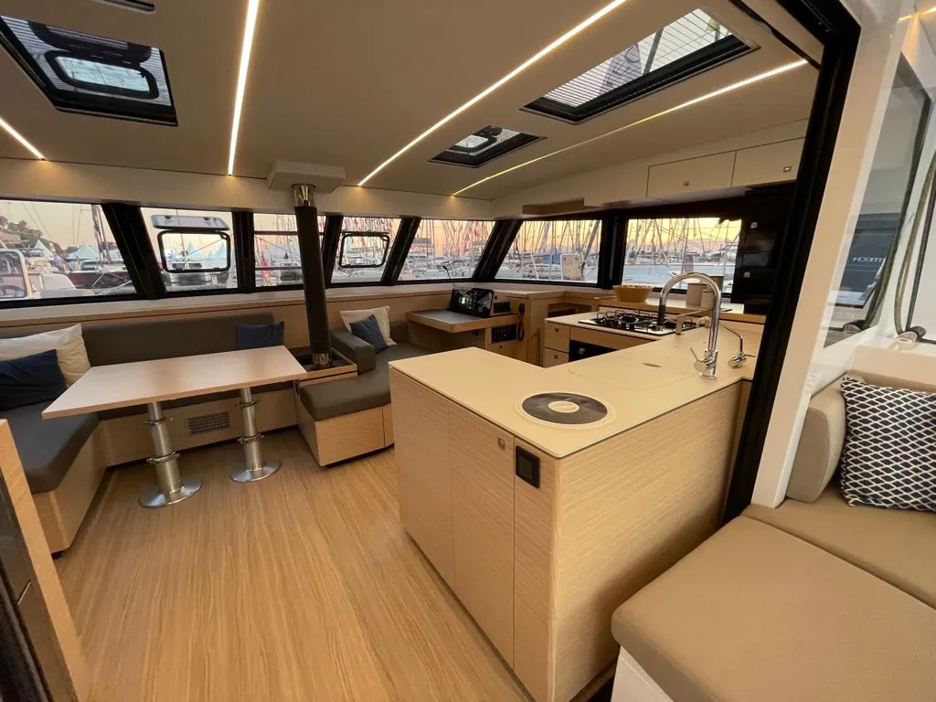 Salon of HONO, a Nautitech 46 Open catamaran at Cascais, Portugal