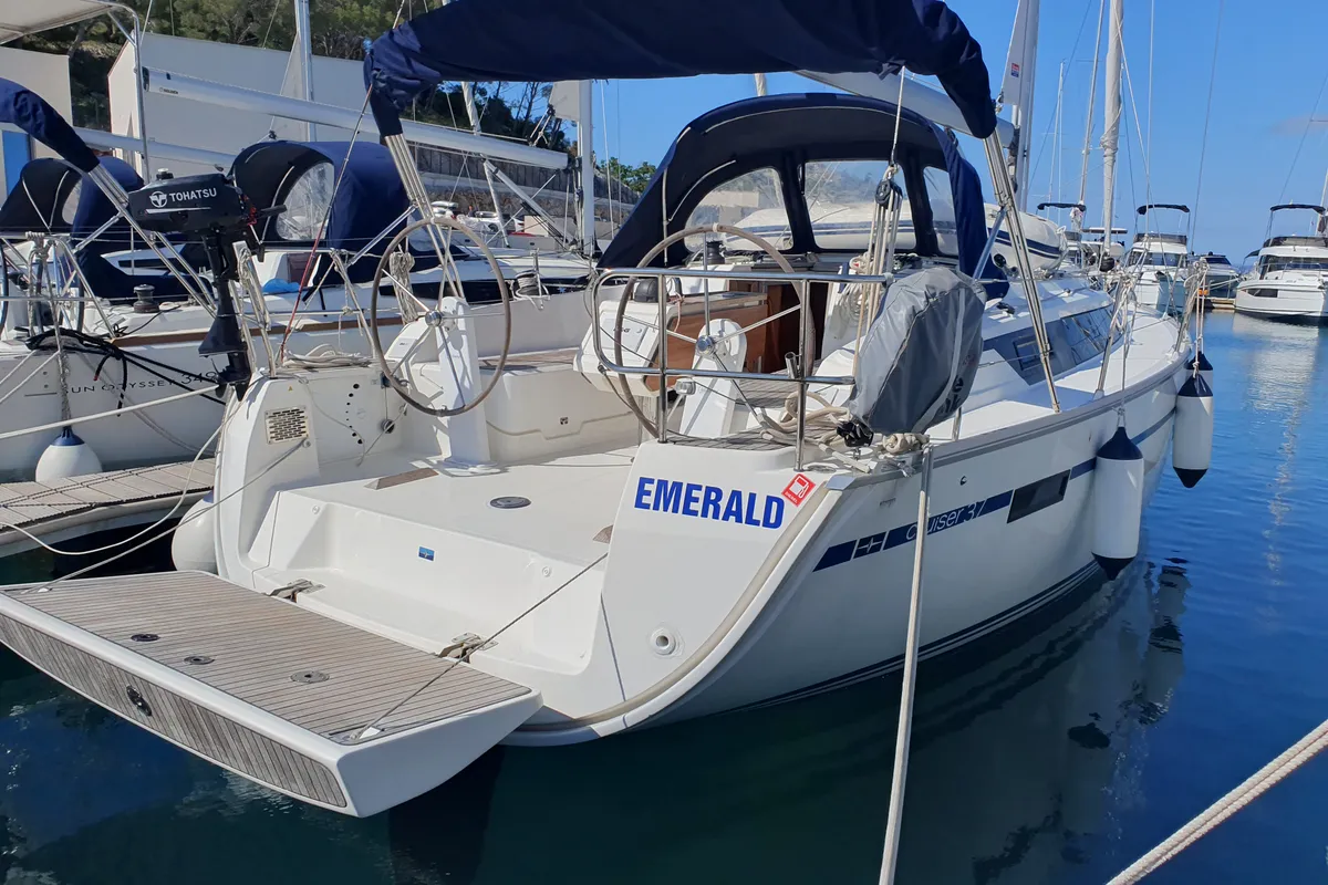 Exterior view of Emerald, a Bavaria Cruiser 37 sailboat at Općina Pakoštane, Croatia